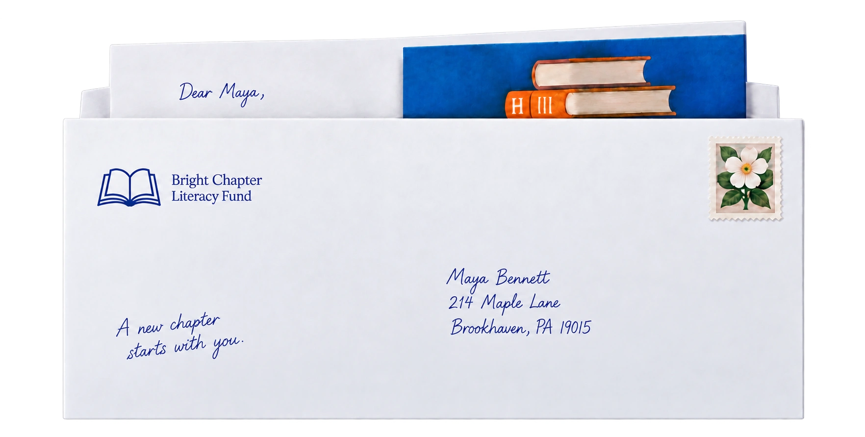 Personalized #10 envelope with fine handwritten-style addressing.