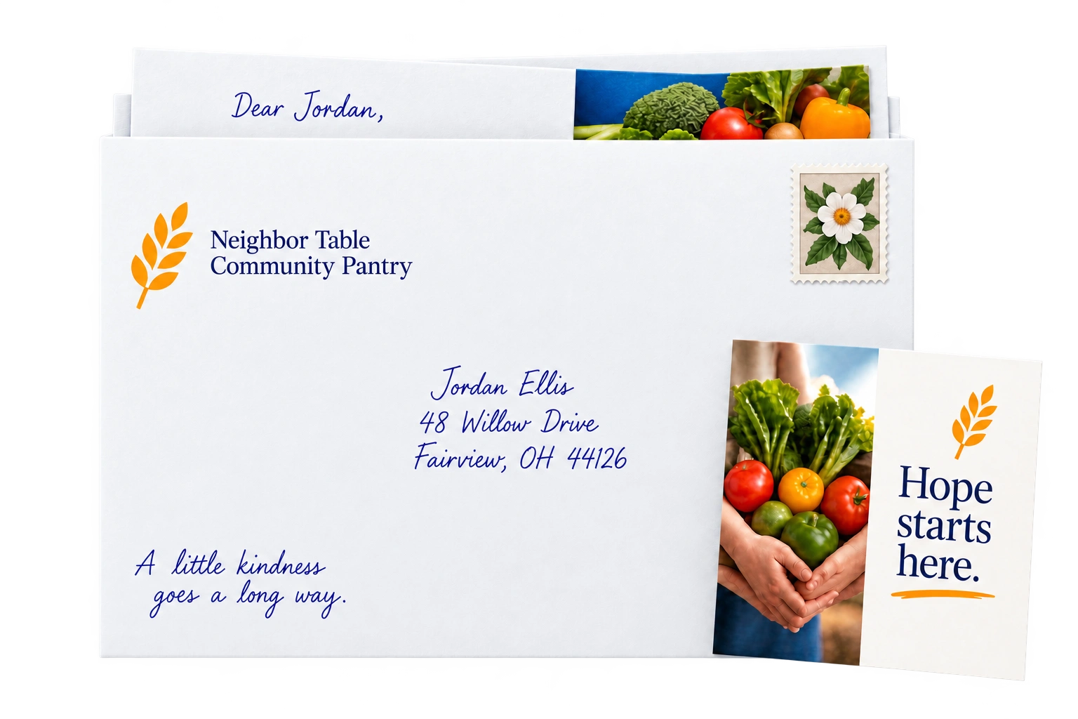 Personalized 6 by 9 envelope with an appeal letter and card.