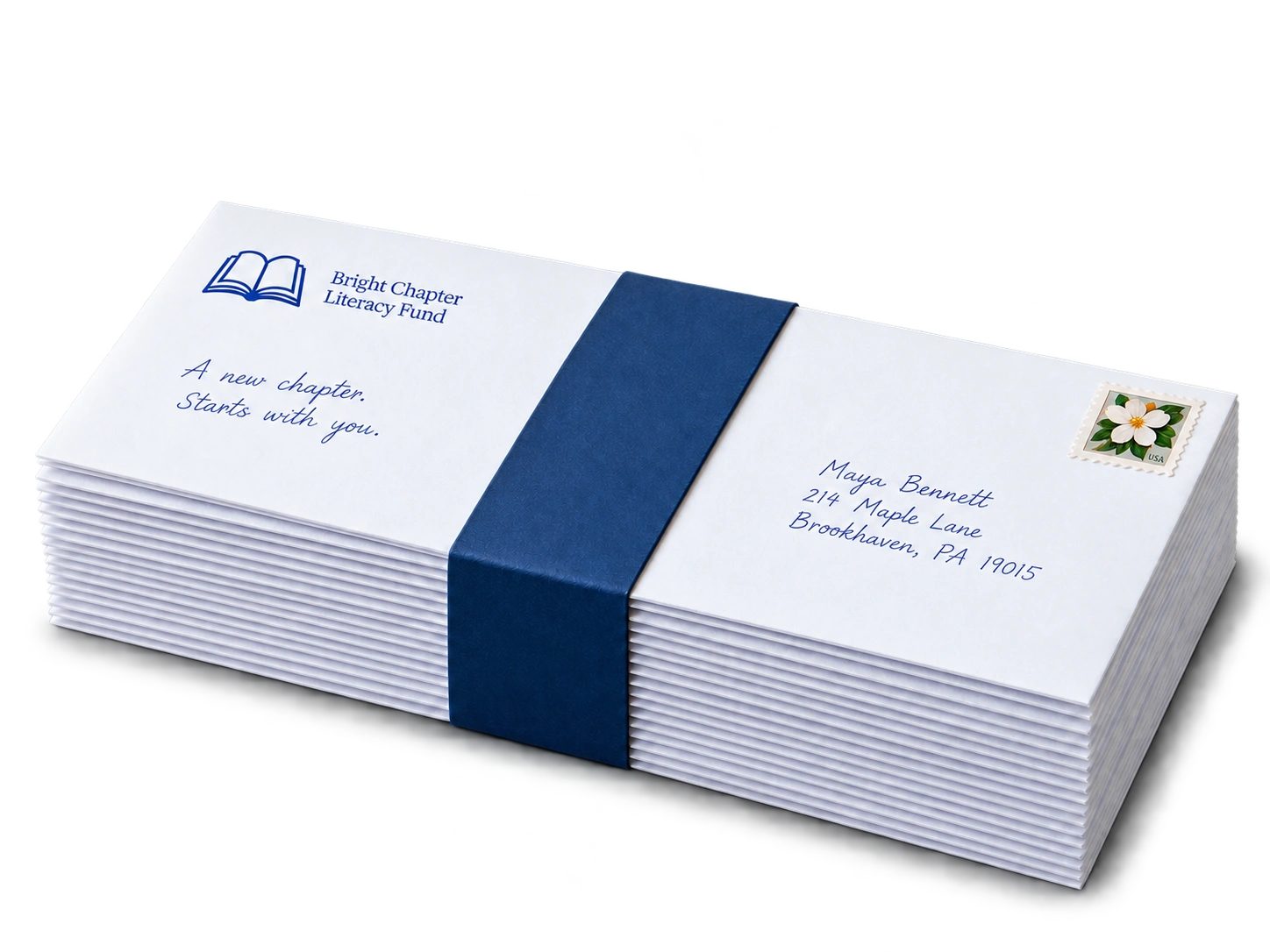 A finished stack of personalized #10 envelopes secured with a navy paper band.
